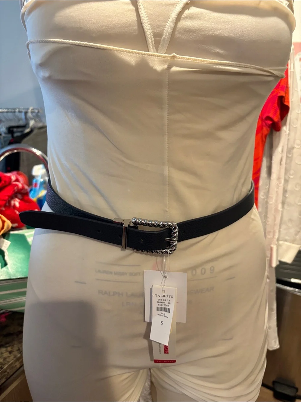 Talbots Black Leather Belt with Twisted Chain Buckle
